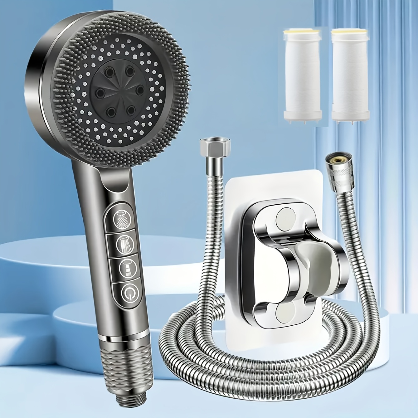 Image of 1set-5pcs Set Of Handheld High Pressure Showerheads, 4 Kinds Of Spray Patterns Water Showerhead, For Shower Use , With Switch, Filtered Shower Massager With Hose, And Adjustable Hard Water Bracket