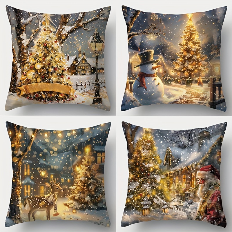 

4pcs Christmas Pillow Cover Set - , Snowman, Reindeer & Santa Designs - Polyester, Zip Closure - Sofa Decor, Machine Washable