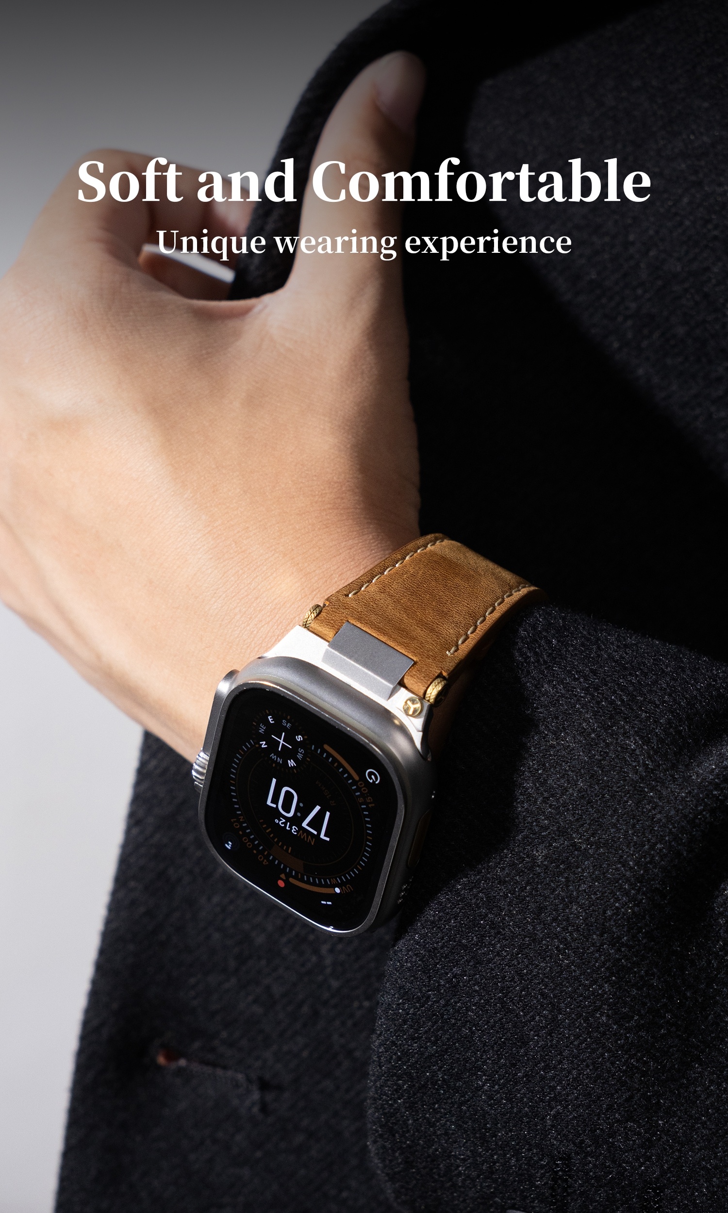 Handmade Wild Horse from Cowhide Is Suitable for iWatch S11/ Ultra3. It Features a Stainless Steel Folding Buckle and a 316L Stainless Steel Connector with Golden Studs.