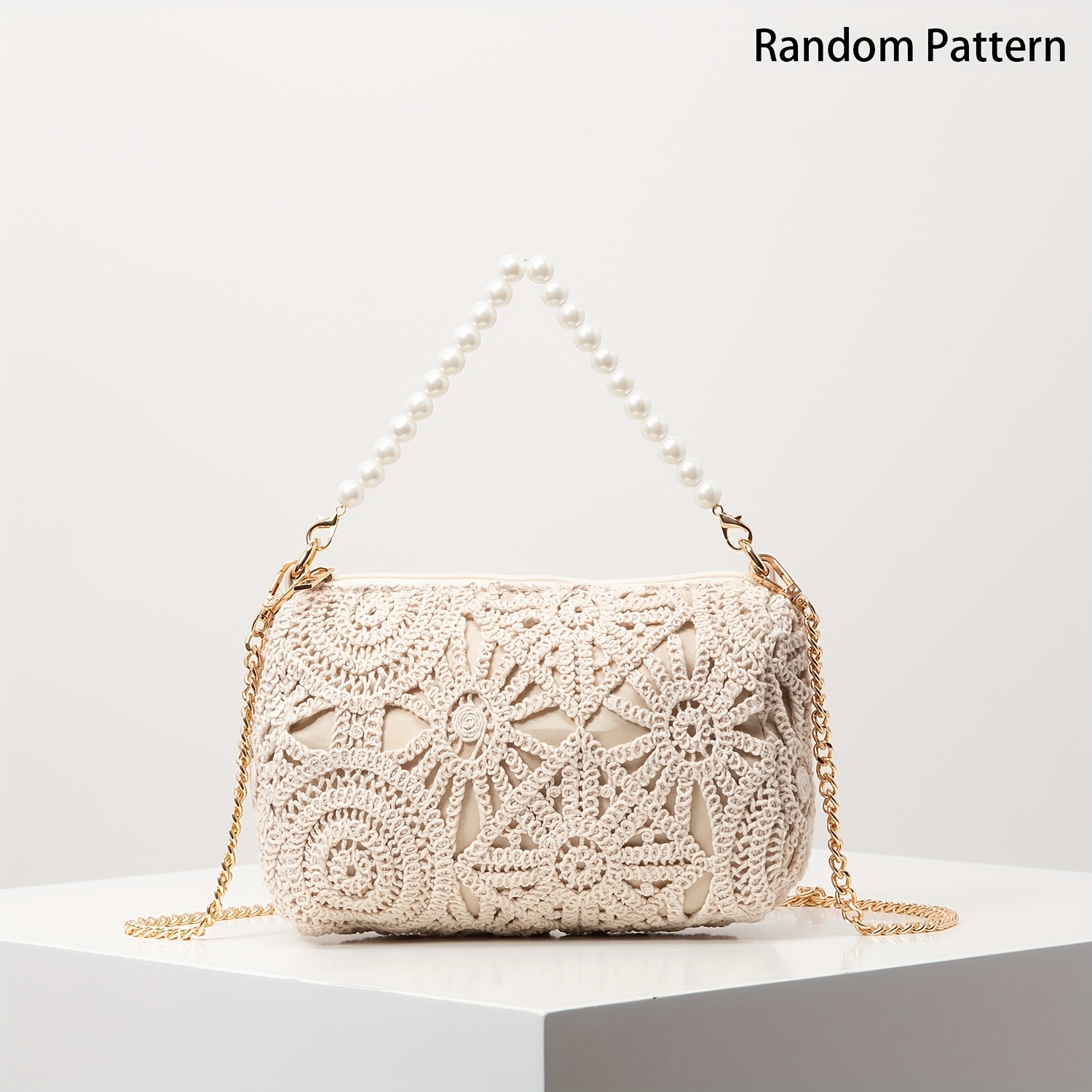 E-shop Muster Hohlgewebte Schultertasche, Metallkette Umhängetasche, Kunstperlen Damen Handtasche und Geldbörse, Elegante Abendtasche, Partykleid,