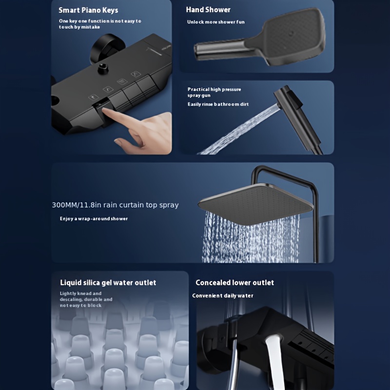 Modern Rainfall Shower System with Multi-Function Nozzles, Gray Finish