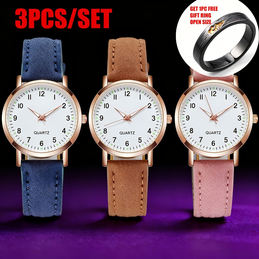 TEMU 3pcs/set Women's Watches, Fashion Stylish Minimalist Clock, Casual Faux Leather Quartz Wristwatches For Ladies, 1pc Free Ring