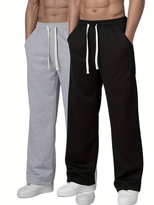 item picture 2pcs mens casual wide leg outdoor sports pants non stretch polyester fiber solid color machine washable suitable for hiking and outdoors autumn winter flat shoes