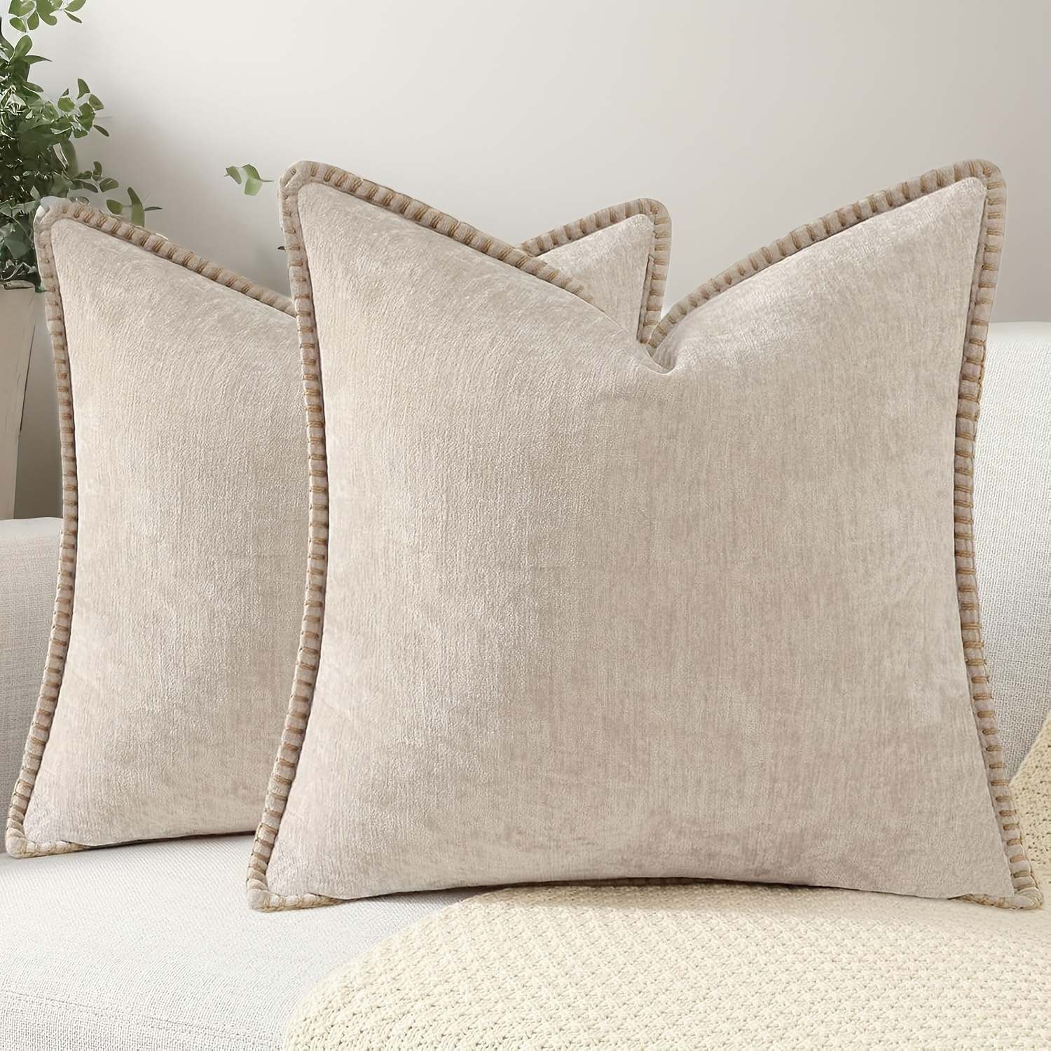 E-shop 2 Stück Sofakissenbezug Landhaus-Dekor Kissenbezug mit genähtem Rand, weicher einfarbiger Chenille-Kissenbezug, geeignet für Wohnzimmer, Sofa,