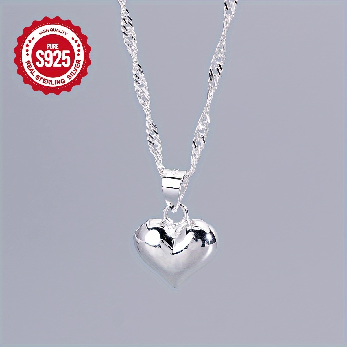 TEMU Pure S925 Sterling Silver Heart Pendant Necklace - Perfect For Everyday Wear