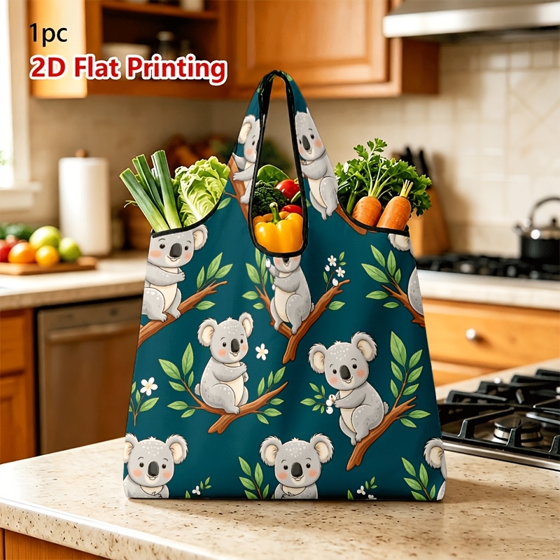 TEMU 1pc 2d Flat Unisex Large-capacity Shopping Tote Bag, Cartoon Koala Branch Print Portable Large-capacity Tote Bag Unisex For Daily Grocery