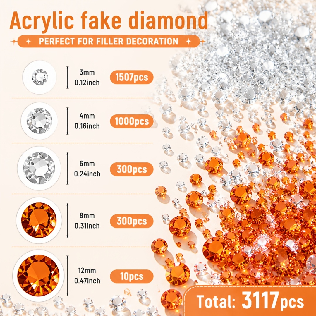 TEMU 3117pcs Orange Acrylic Fake Diamonds, Vase Filling, Home Decoration, Centerpiece Fillers, Wedding Supplies, Proposal Decor, Party Decoration,