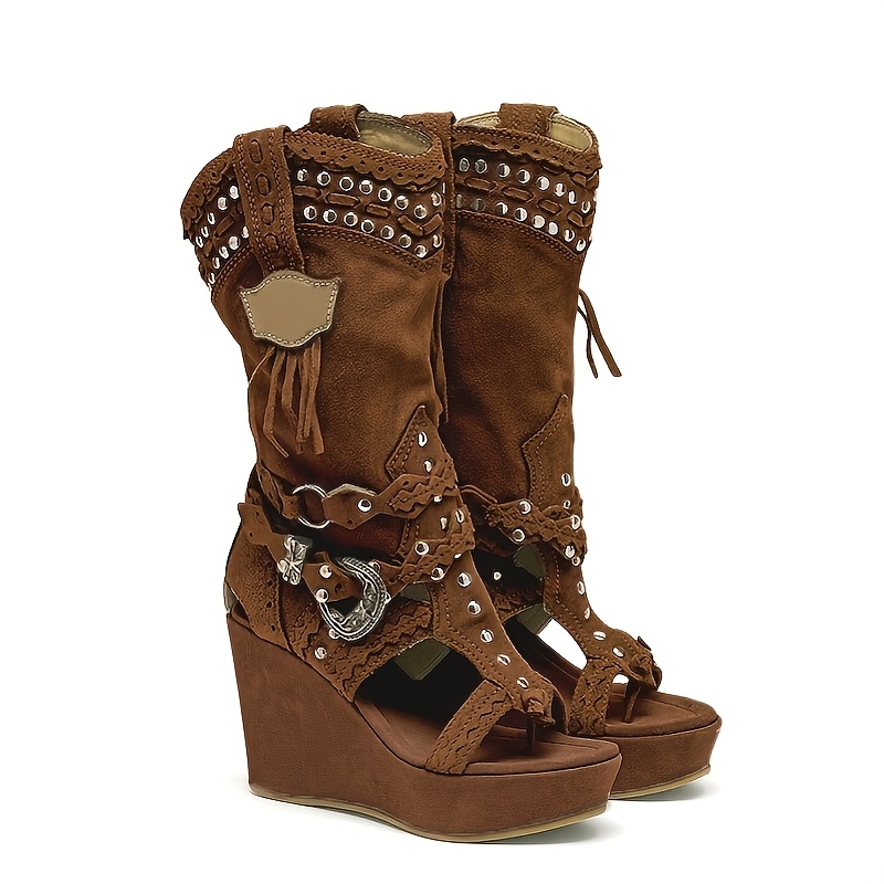 Women'S Boho Grey Studded Fringe Wedge Heel Boots, Open Toe Platform Knee High Western Cowgirl Sandals, Vintage Festival Party Shoes, Women Shoes
