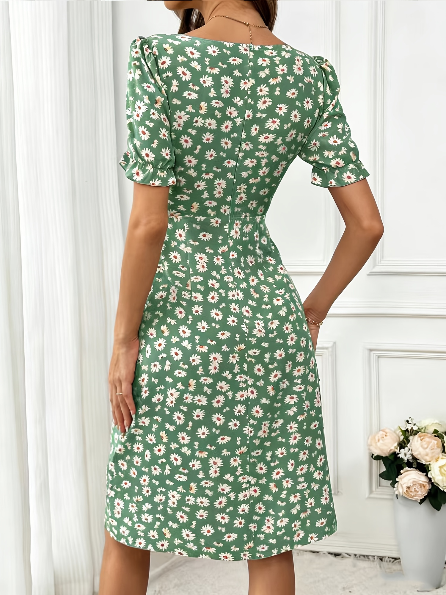 french style green daisy floral short sleeve dress square - Temu Mauritius