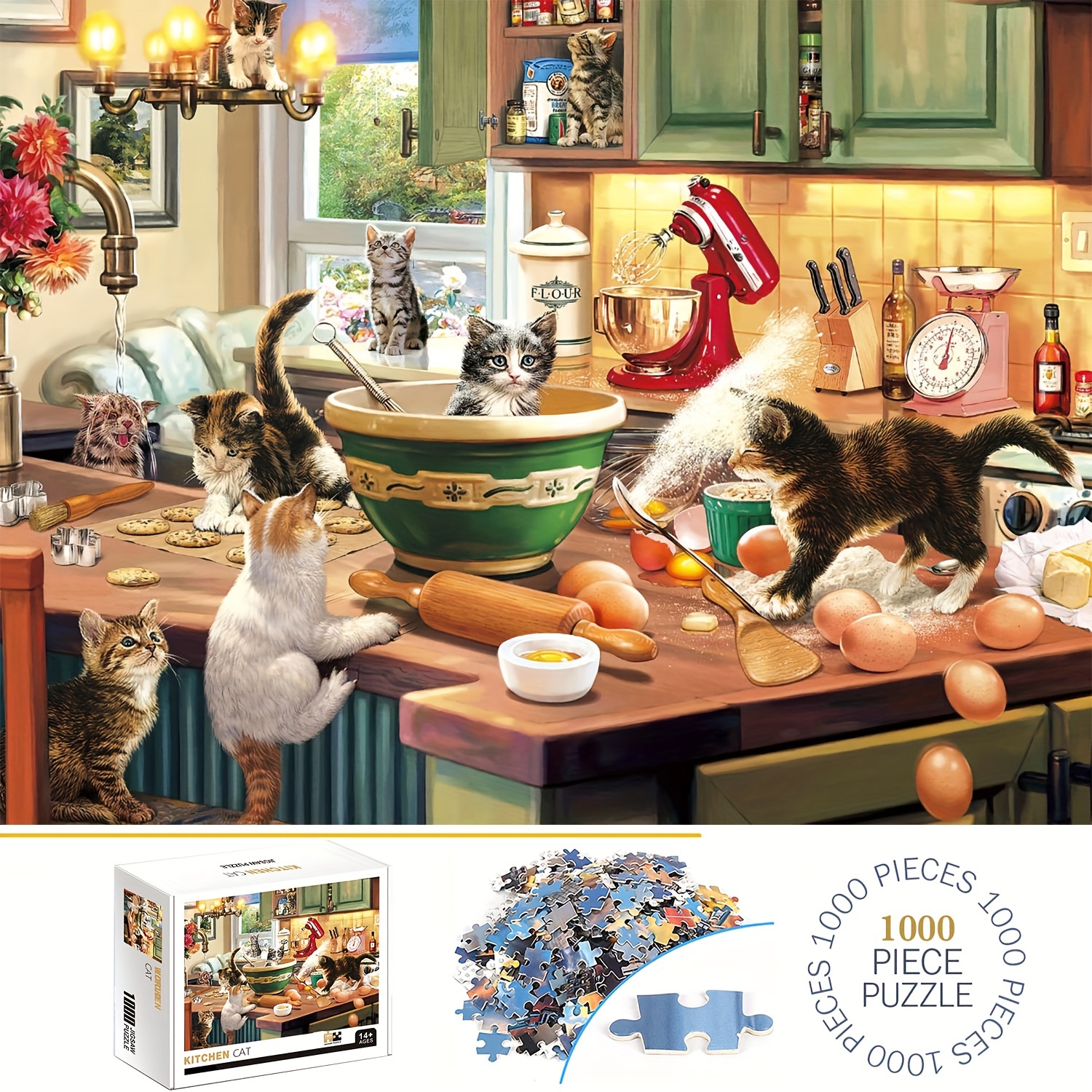 

1000pcs Kitchen Cat Puzzles, Thick And Durable Seamless Jigsaw Puzzles For Adults Premium Quality Fun Family Challenging Puzzles For Birthday, Christmas, Halloween, Thanksgiving, Easter