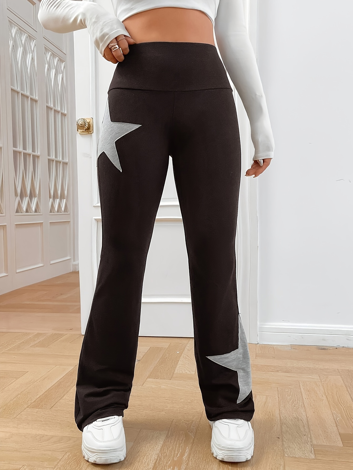 Star Pattern Flare Leg Pants Casual High Waist Slim Pants - Temu Canada
