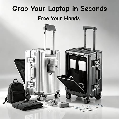 item picture front opening suitcase it easy to quickly take out personal items such as laptop the swivel wheels are with brake pads the foldable cup holder and phone your hands its a must have for travel