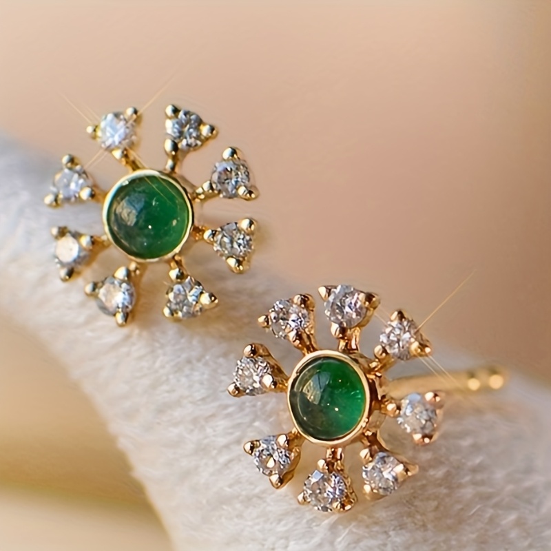 TEMU 1 Pair Women's Fashion Stud Earrings, Luxurious Elegant Green Synthetic Zirconia Sunflower Earrings Golden Snowflake Earrings Women's Wear