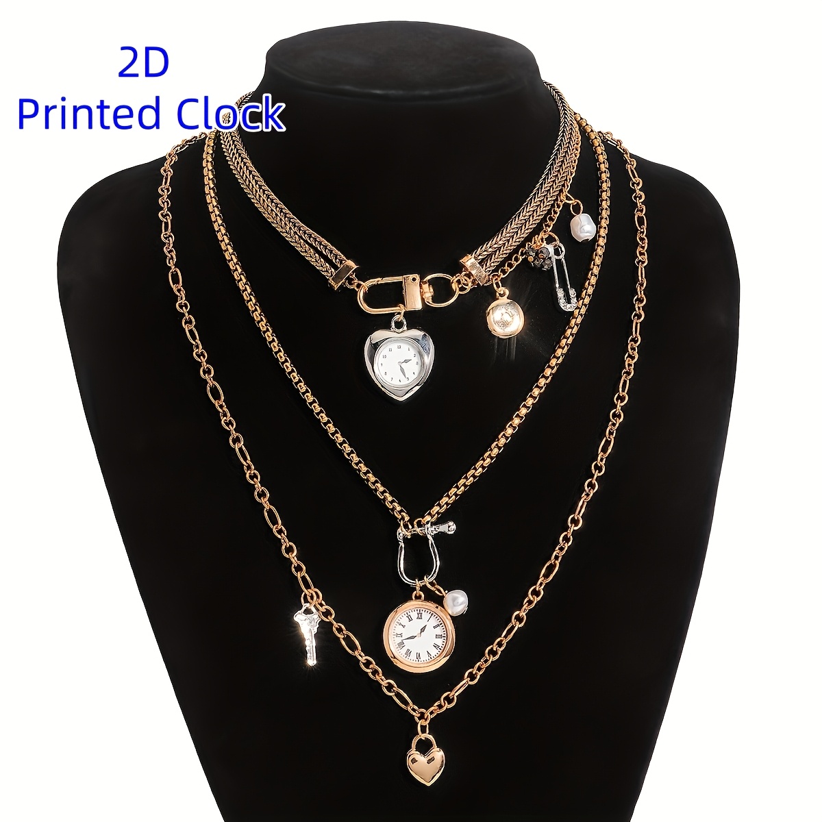 Image of 3pcs Vintage Heart Clock Pendant Necklace Set, Elegant Chain Necklace For Daily , Holiday Party Gift, Christmas Gift, Valentine's Day Gift, Carnival Gift, Everyday Charm Jewelry - 2d Printed Clock