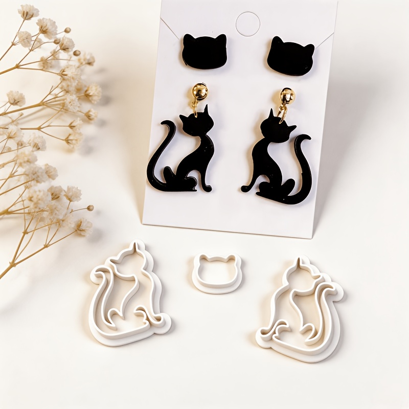 TEMU Lot de 3 emporte-pièces en pâte polymère de chaton bohème pour la fabrication de bijoux et le bricolage - Moules à double chat et tête de chat