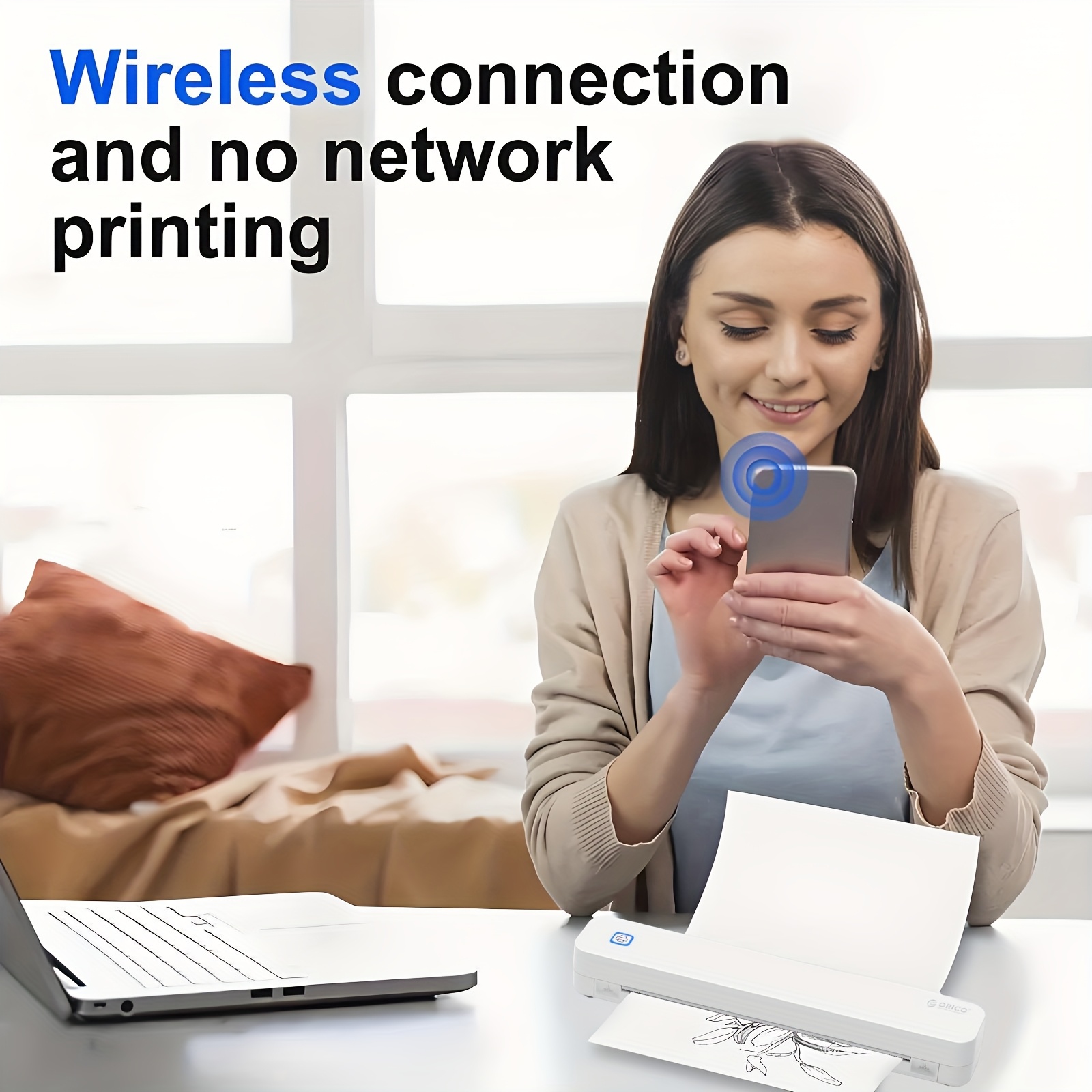 ORICO Mini Portable A4 Thermal Printer, Wireless Printing, No Ink Required, Compatible with Android and iOS Systems, Supports Up to 216mm Wide Thermal Paper, Suitable for Office, Home, School Use, Convenient for Outdoor Carrying