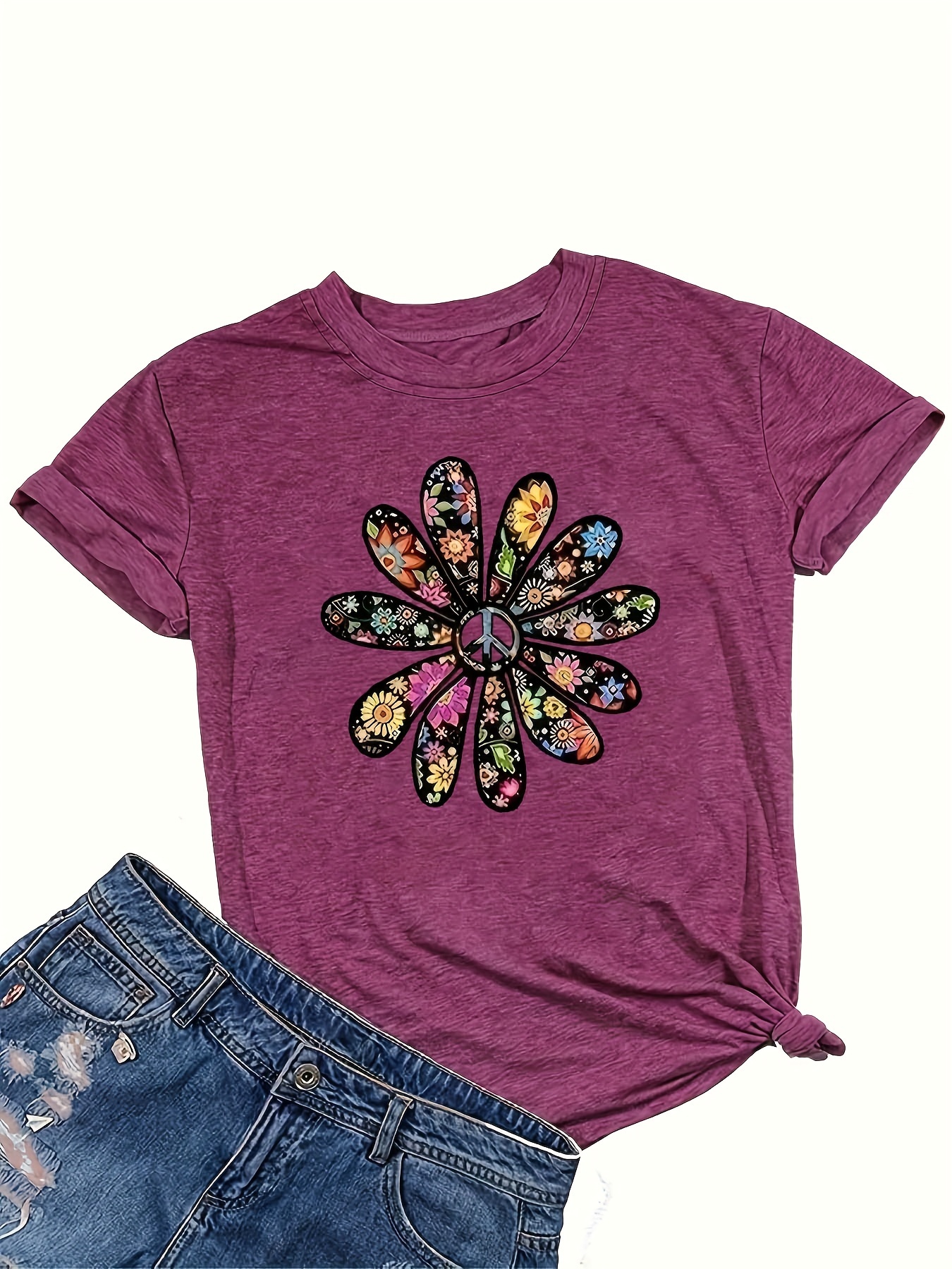 Women's Casual Short Sleeve T-Shirt - Vibrant Orange Geometric Floral Print, Relaxed Fit Round Neck, Machine Washable Summer Top, Soft Texture Shirt