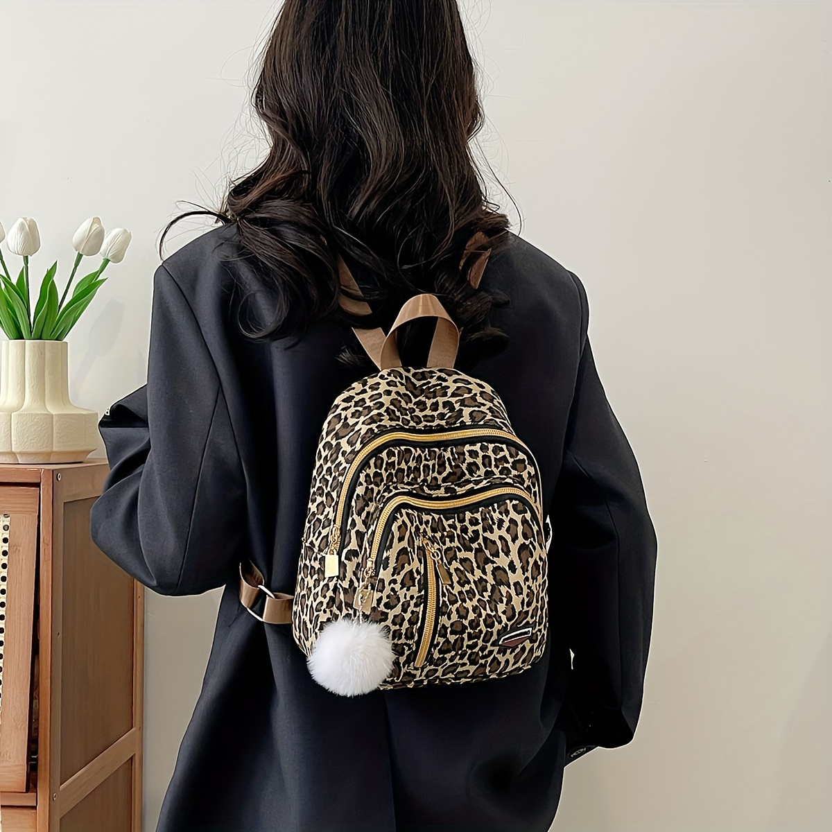 

Leopard Print Women's Mini Backpack, 2024 New Fashion Casual Travel Bag, With Pompom Charm