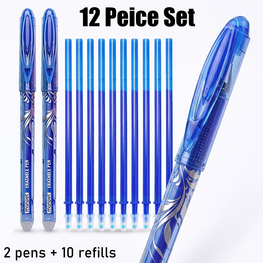 TEMU 12pcs Blue Retractable Pens Set, 0.5mm Quick- Design (2pcs Pens And 10pcs Refills) Ideal For Note-taking And Writing, And Study Supplies, For