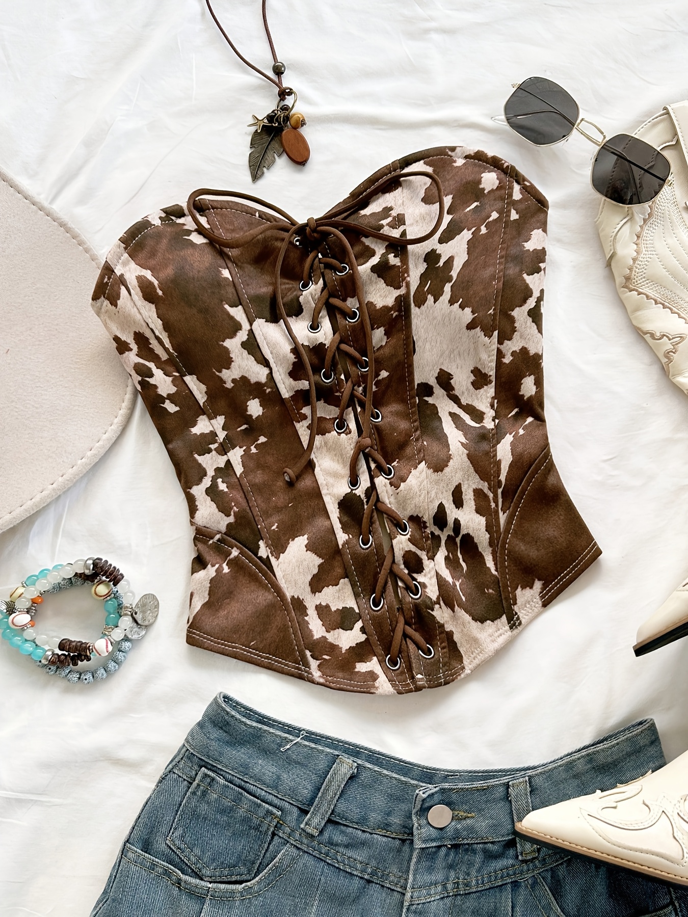 printed pants not denim fabric bohemian style womens elegant   print back tie rivet decoration off shoulder navel       western style top   top chocolate brown top denim print top corset top