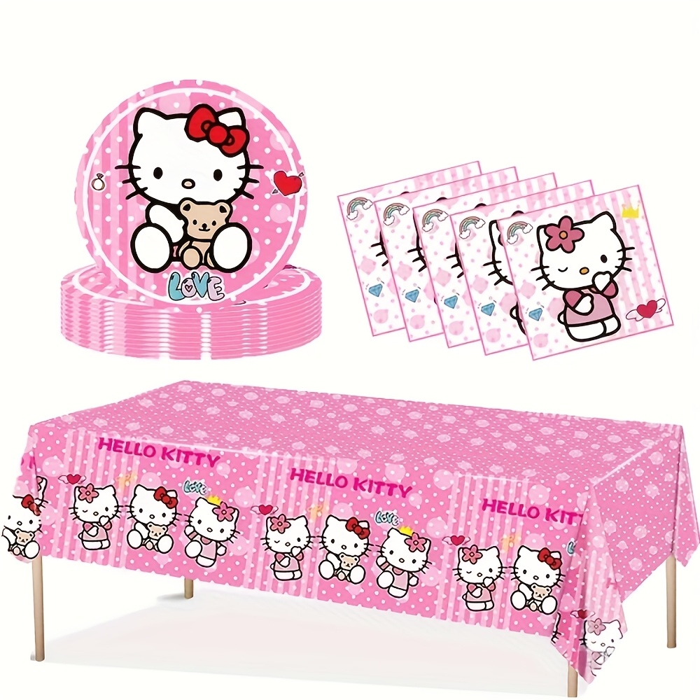 

41pcs/set Pink Hello Kitty Theme Party Set, Disposable Party Supplies Decoration Includes 20 Plates, 20 Napkins Tablecloth, Sanrio