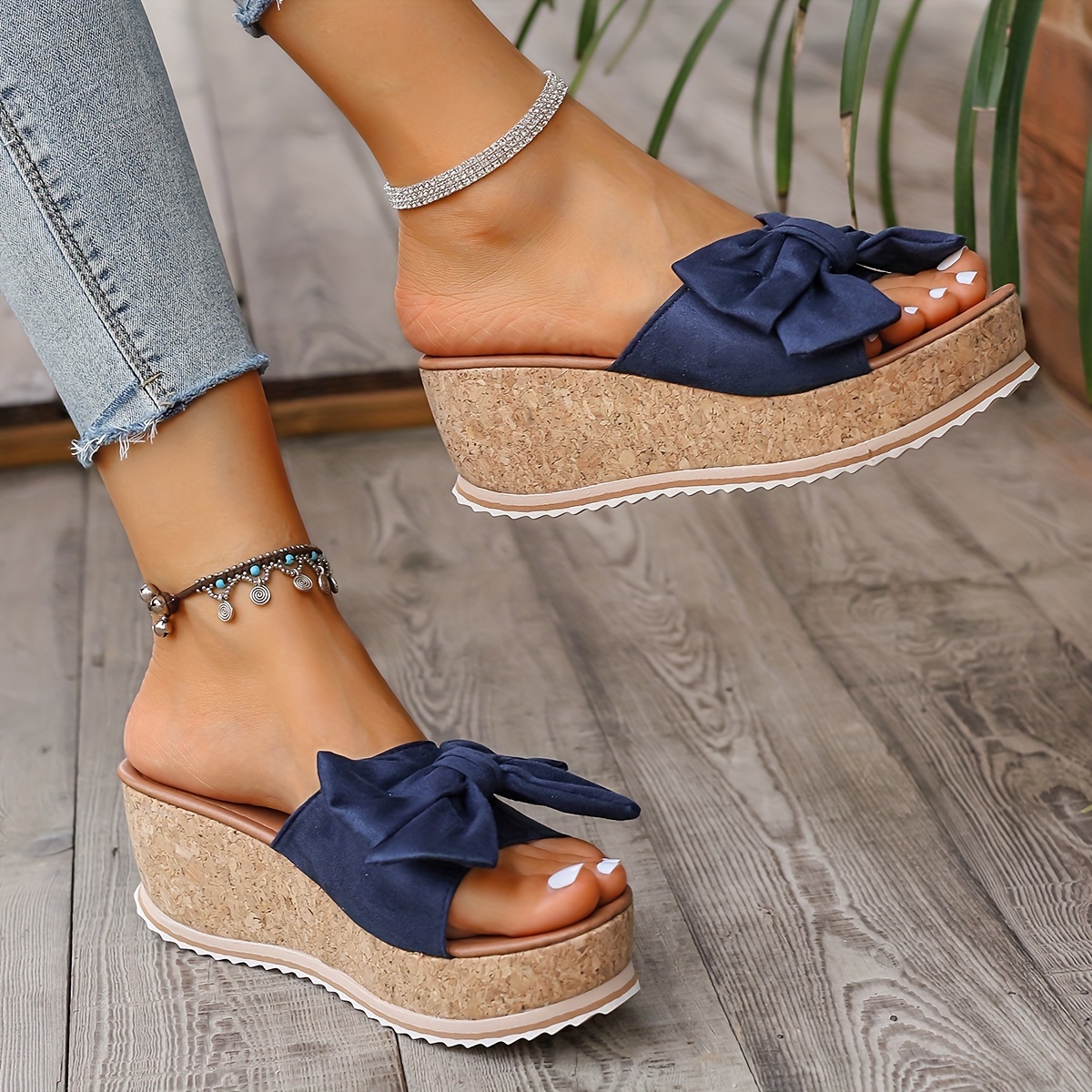 Low Wedge Heel Suede Wedge Casual Sandals Women's Bow Wedge