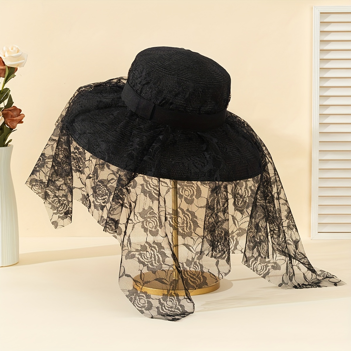 Image of 1pc, Large Lace Sunshade Fashion, Jacquard Straw Hat, Suitable For Wedding Dates Beach Vacation Casual And Insect Protection Wide Brim Top Hat
