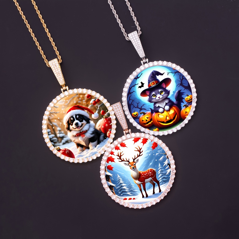 

Cool Hip Hop Oversized 98mm*68mm Round Photo Frame Memory Pendant Necklace With Synthetic White Zirconia, Copper Base, Non-magnetic - Men's Fashion Jewelry