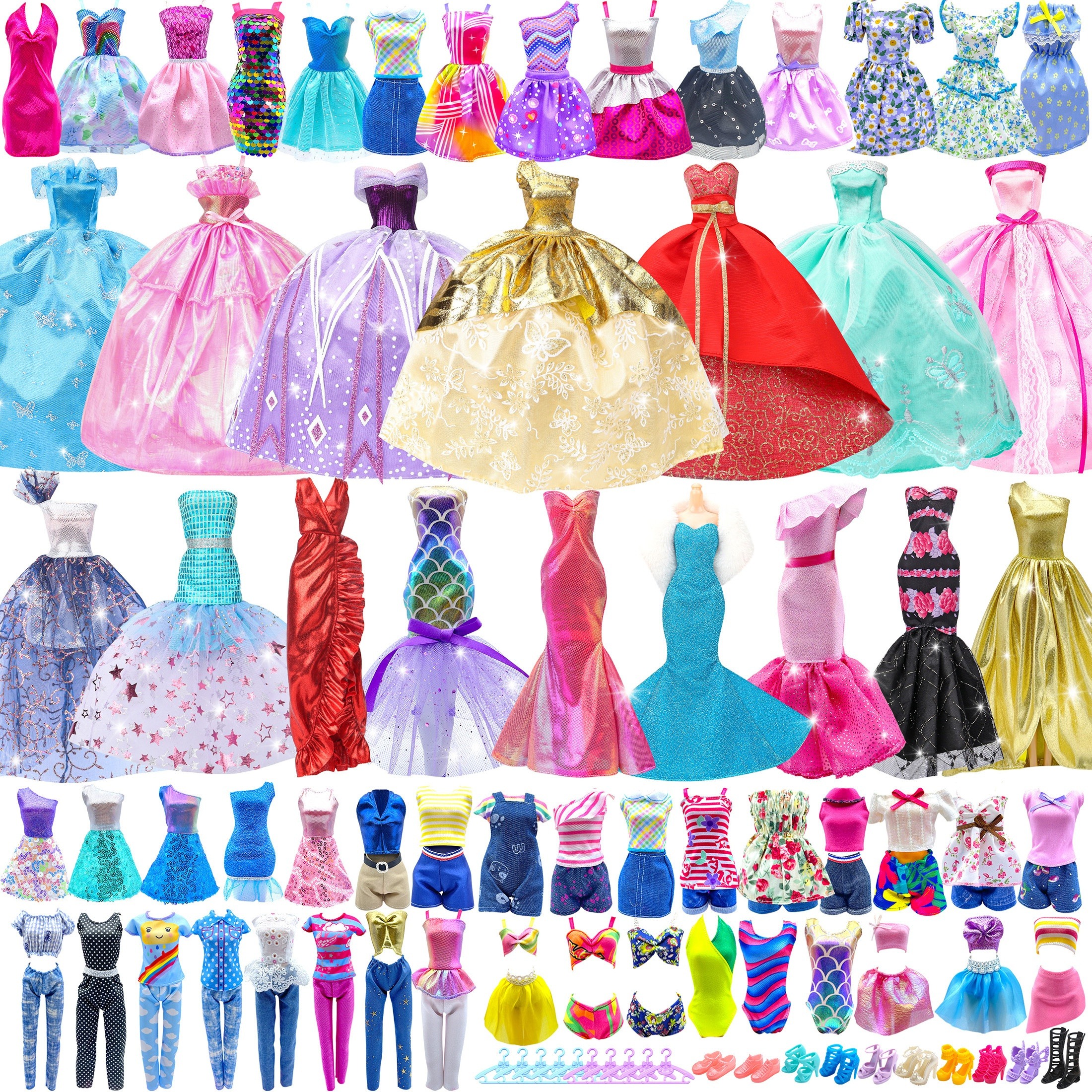 

50pcs Doll Clothes And Accessories Set Includes Random 4 Wedding Gowns, 4 Fashion Dresses And 2 Floral Dresses, 2 Evening Dresses, 6 Sets Casual Outfits, 2 Bikini Swimsuits And 30 Doll Accessories