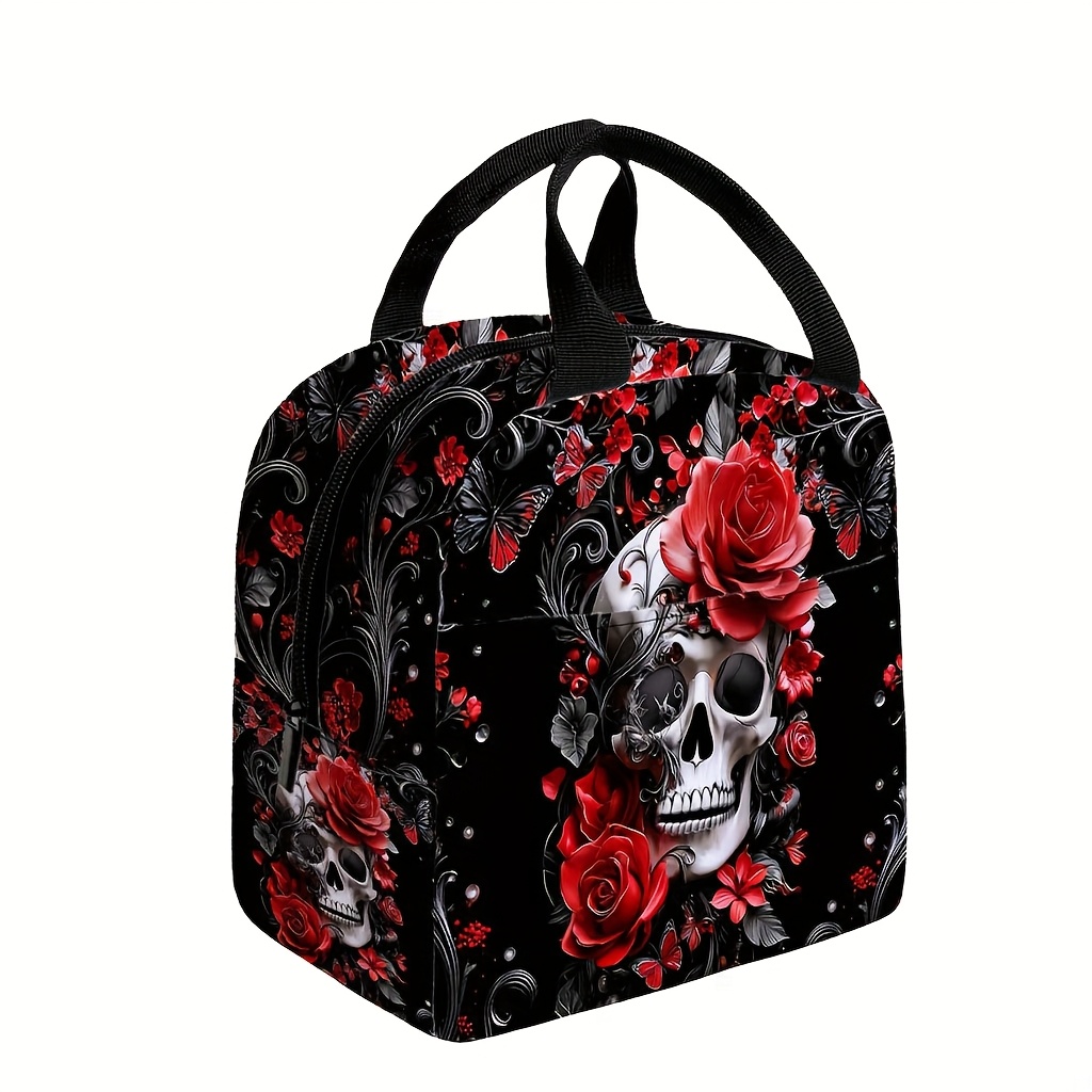 E-shop Lunchtasche mit Totenkopf-Print, tragbare Aufbewahrungstasche für Damen, um Lebensmittel frisch zu halten unterwegs, trendige isolierte Tasche,