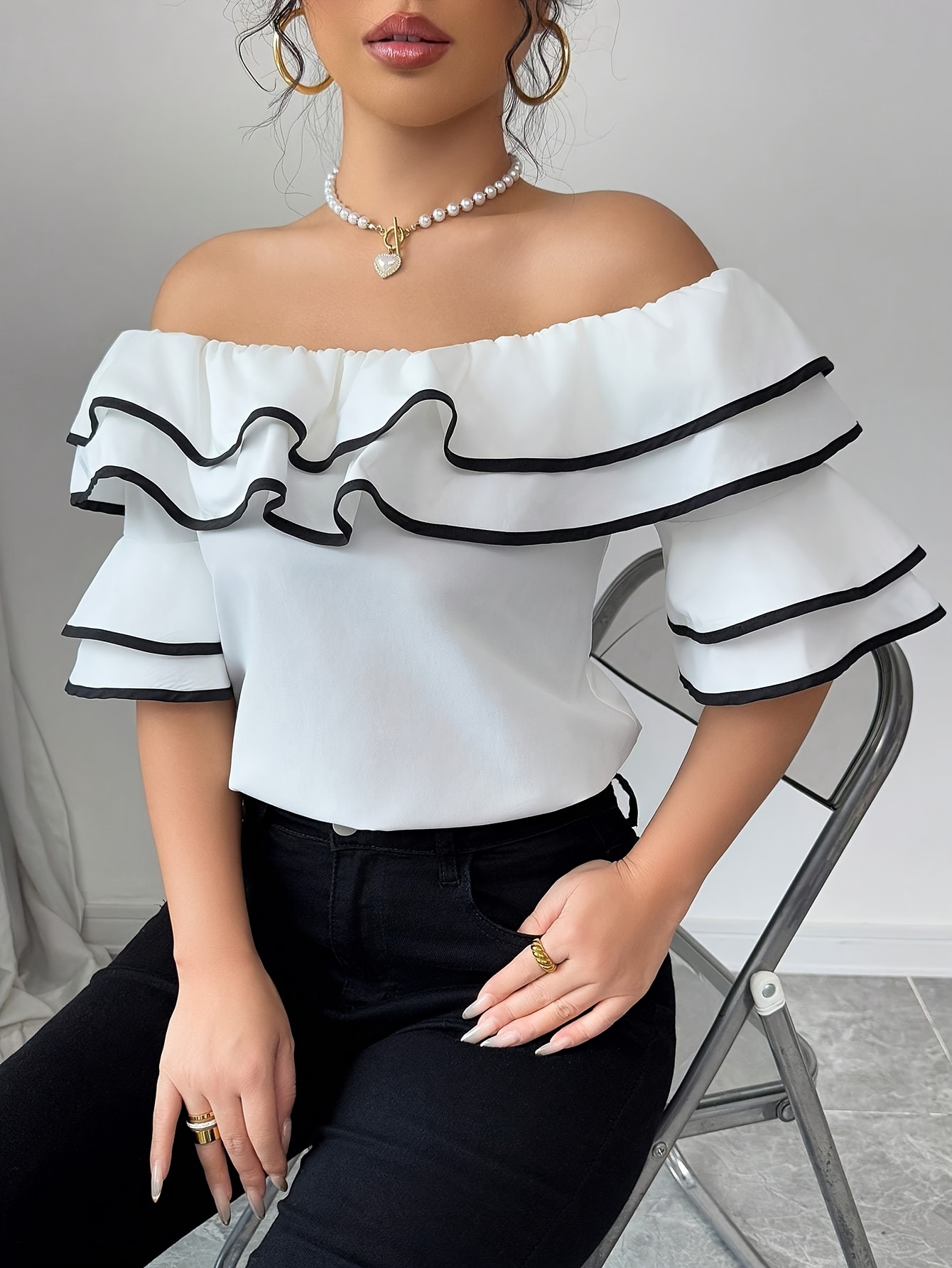 womens elegant shoulder ruffle blouse black white wavy trim Temu