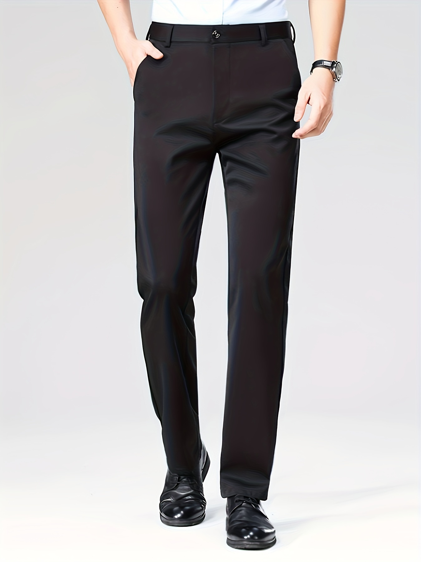 Men'S Relaxed Fit, Navy Blue Dress Pants - Stretchy Spandex Blend, Button-Fly, Mid-Rise, All-Season Workwear, Office Attire|Relaxed Fit Pants|Stylish Waistband