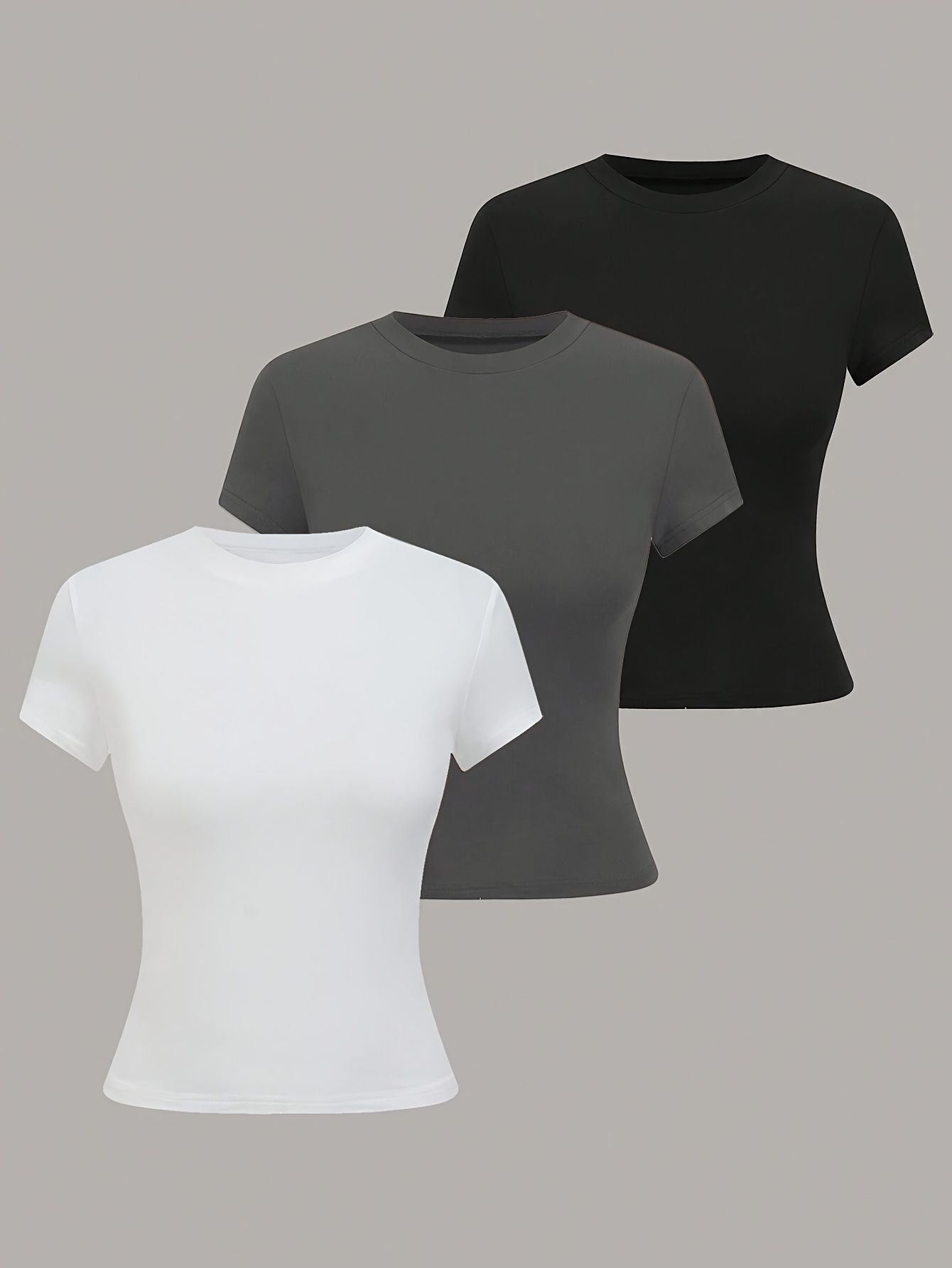 3pcs summer womens round neck short sleeve t shirt basic solid color top