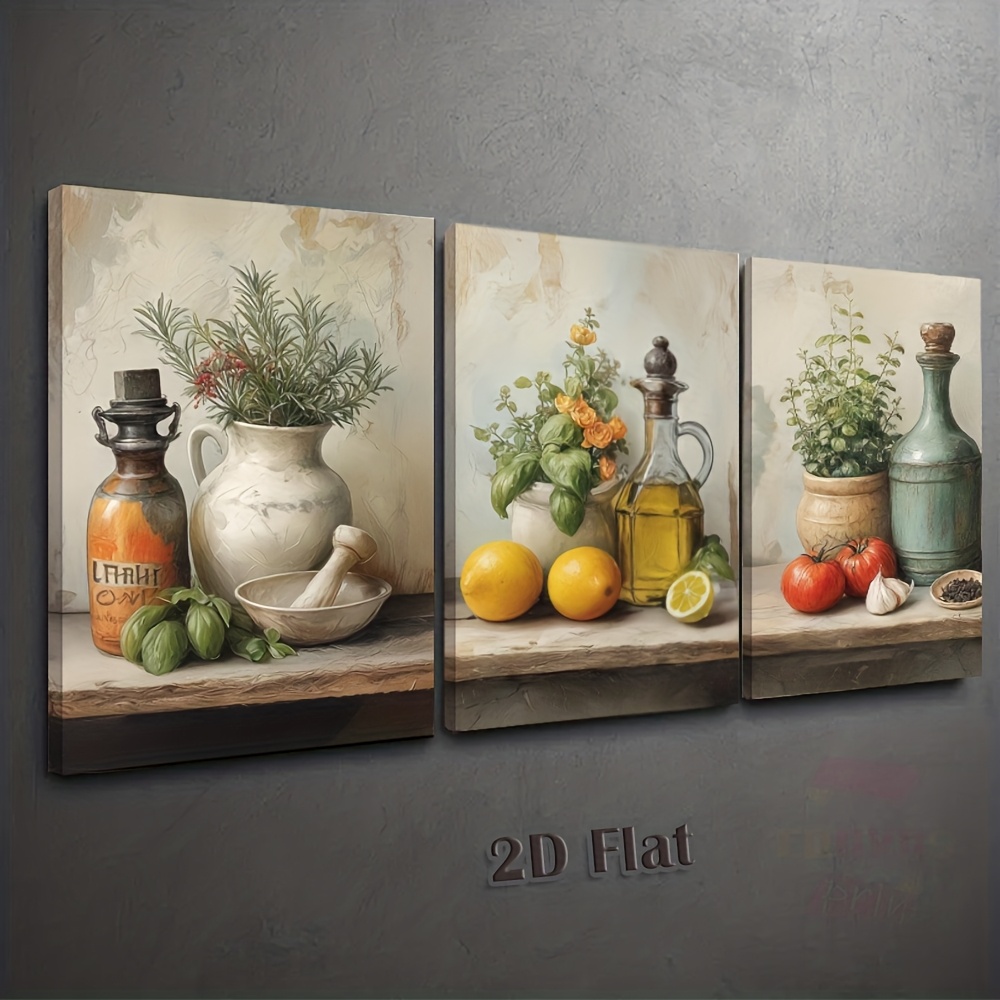 TEMU 2d Flat, 3pcs Framed Vintage Still Life Canvas Wall Art - Frame Suitable /dining Room Decor, Lemon & Olive Oil Paintings, Farmhouse CafÃ© DÃ©cor