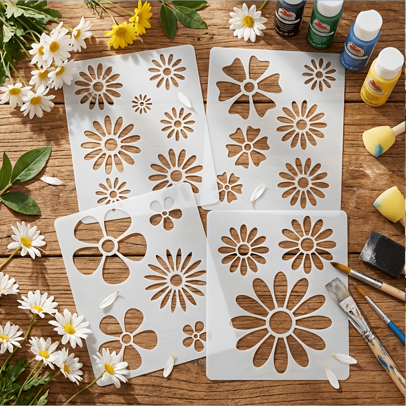 E-shop 4 Stk. Gänseblümchen-Blumen-Schablonen aus Kunststoff - 6,0"x5,0" geeignet für handgemachte Kartenherstellung, Scrapbooking, Wandmalerei,
