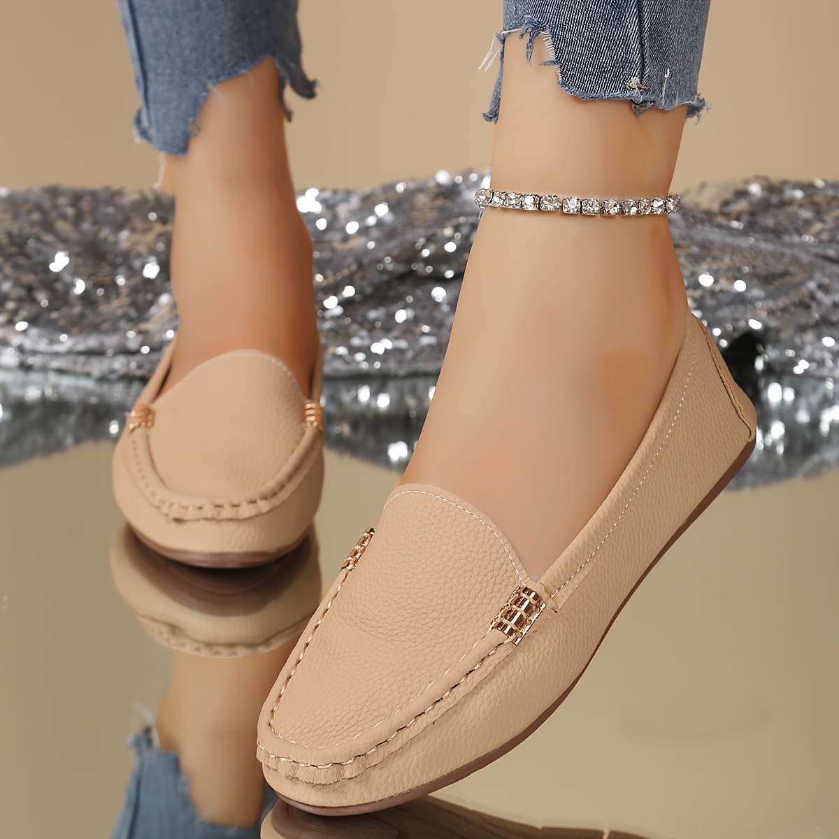 Women's Slip-On Flats Beige/Neutral Everyday Formal Shoes, Synthetic  Cover Upper Cushioned Insole, Slip-On Closure for Jeans, Dresses, Office 