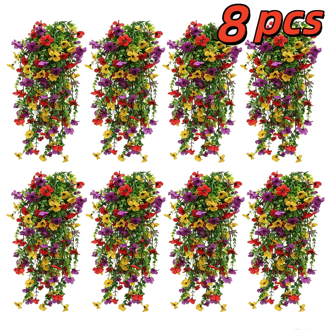 TEMU 8-pack Hanging Flower Vines, Indoor/outdoor Decoration, Uv Resistant, Fade-proof, Artificial Daisy And Violet Bouquet, Artificial Flowers