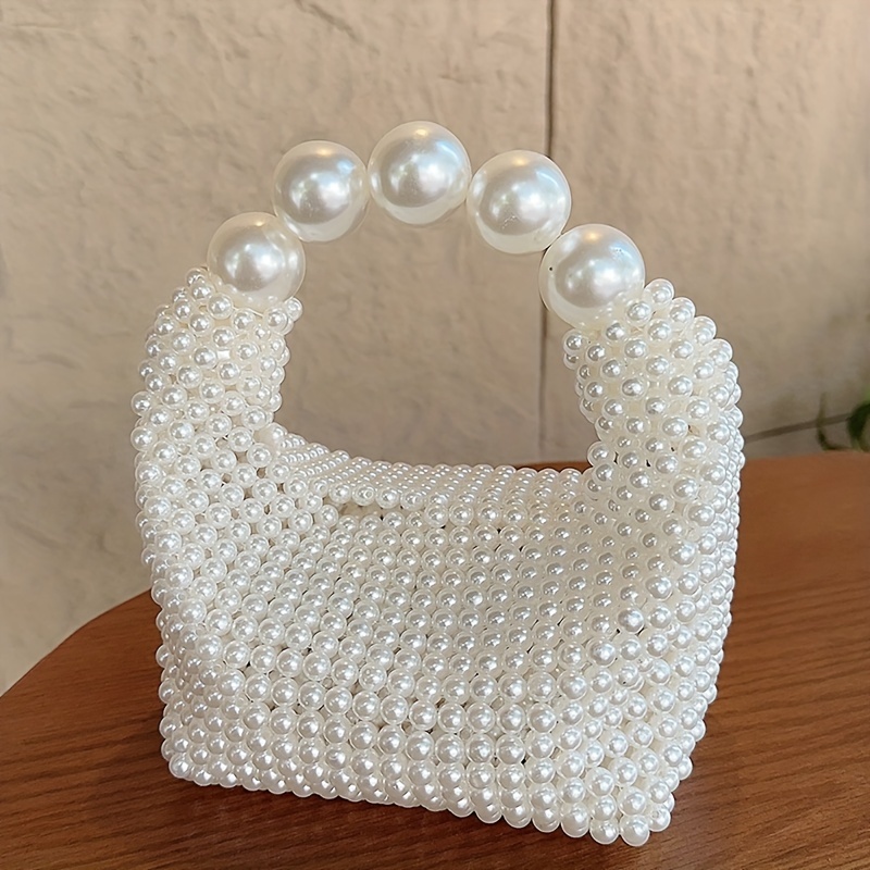 

Elegant Pearl Handbag - Plastic Beaded Clutch With Wrist Strap, Lightweight, Non-close Handheld Purse For