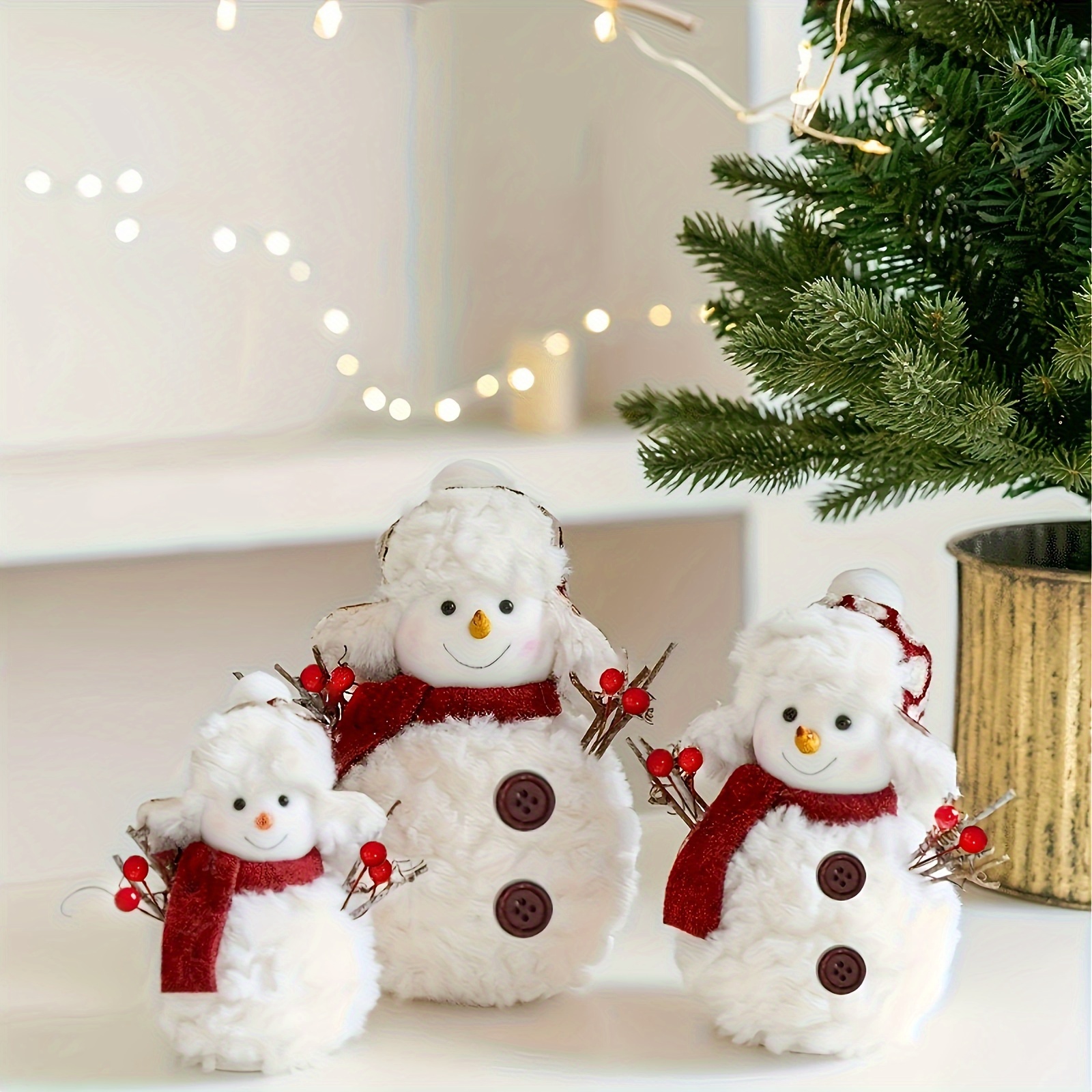 

3pcs Knitted Snowman Figurines - Freestanding Christmas Ornaments For Desktop Decor, No Or Batteries Required