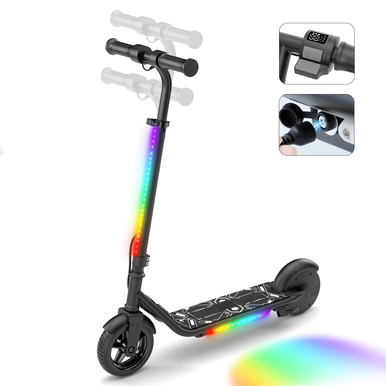 TEMU Trottinettes électriques pour enfants de 6 à 14 ans, LED 7 couleurs, moteur 150W, pneus de 6,5 pouces - un cadeau pour les adolescents