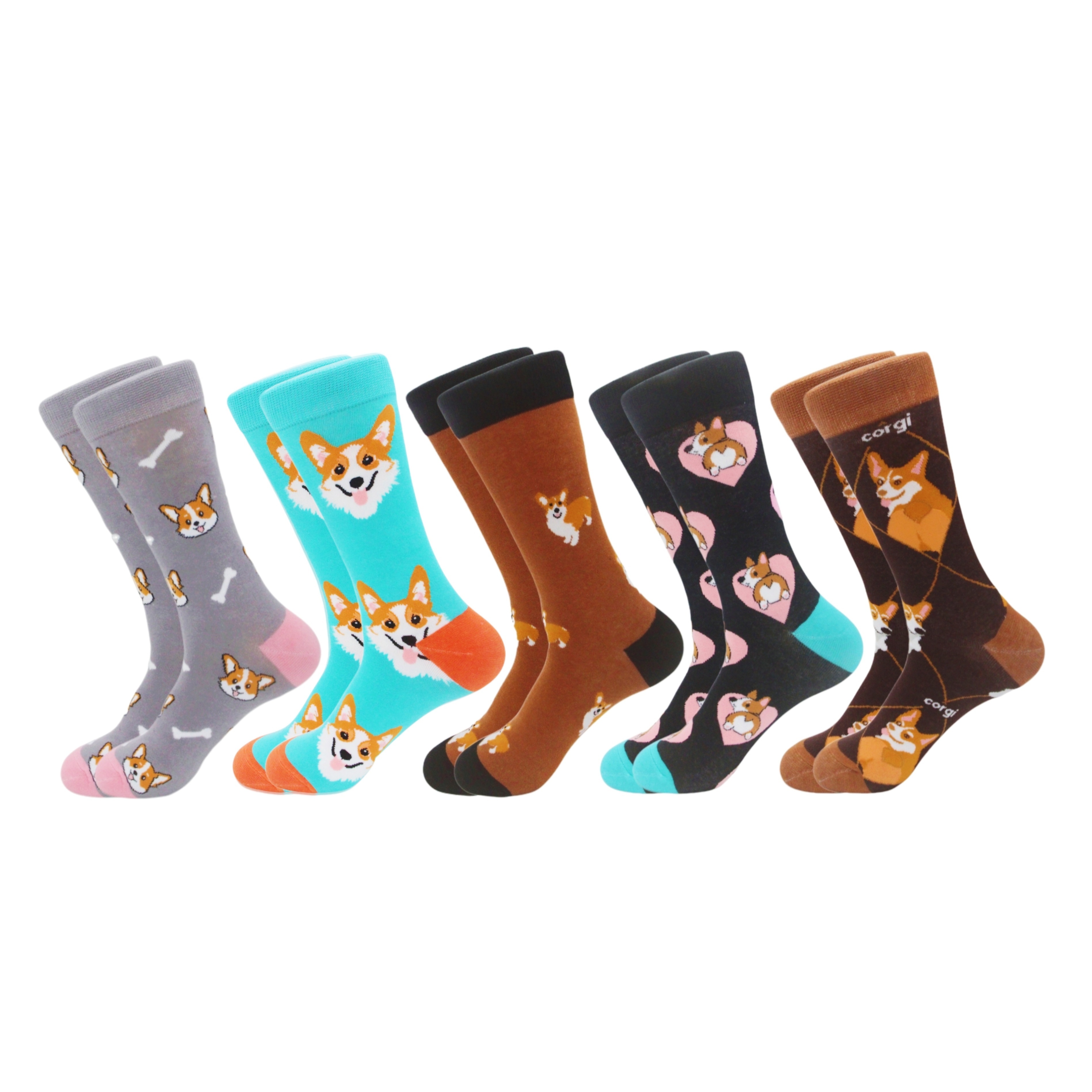 

5pcs Corgi Cartoon Animal Crew Socks For Men - Cozy Cotton, Fall & Winter