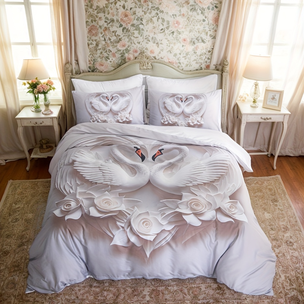 3pcs white rose quilt set   swan lovers love bedding set romantic rose print lovers bedding 1 quilt cover and 2 pillowcases   cool and comfortable machine washable Product details 1
