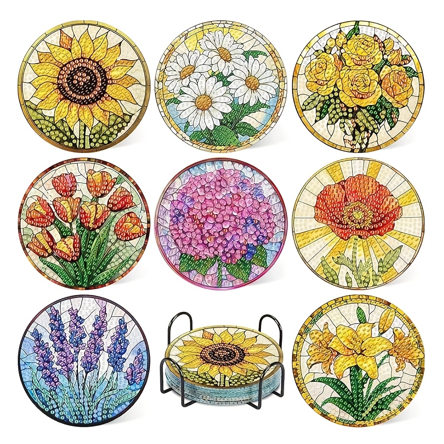 TEMU 8pcs Floral Rhinestone Coaster & Holder Set With Wood Frame - Heat-resistant Suitable For Diy Drink Coasters, Round Table Protectors, Complete