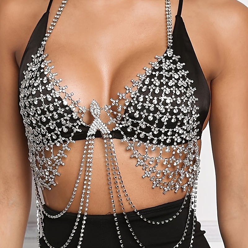 Rhinestone Body Chain Crystal Bra Bikini Chain Backlesss Halter Body  Jewelry Glitter Nightclub Body Accessories for Women and Girls