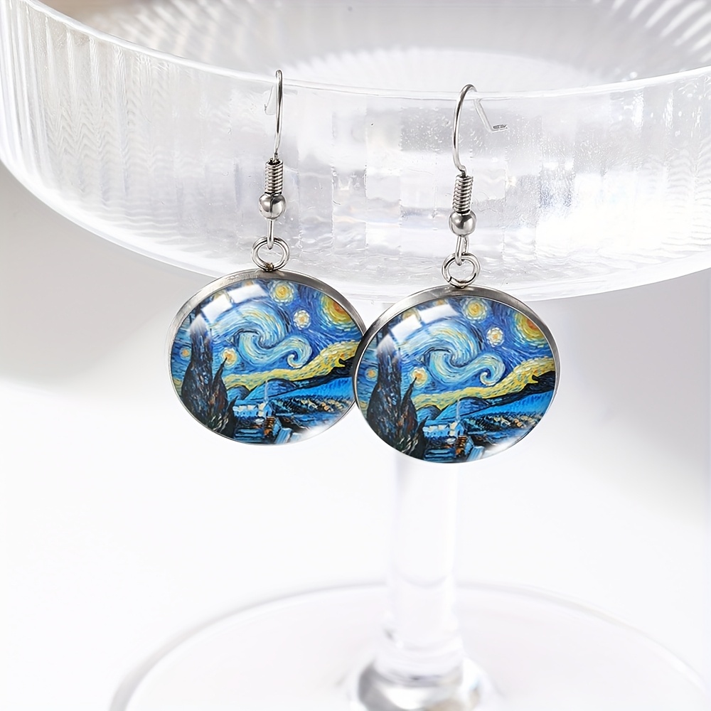 TEMU 1pair Winter Starry Night Landscape Painting Glass Dome Round Fish Hook Dangle Earrings Jewelry Accessory