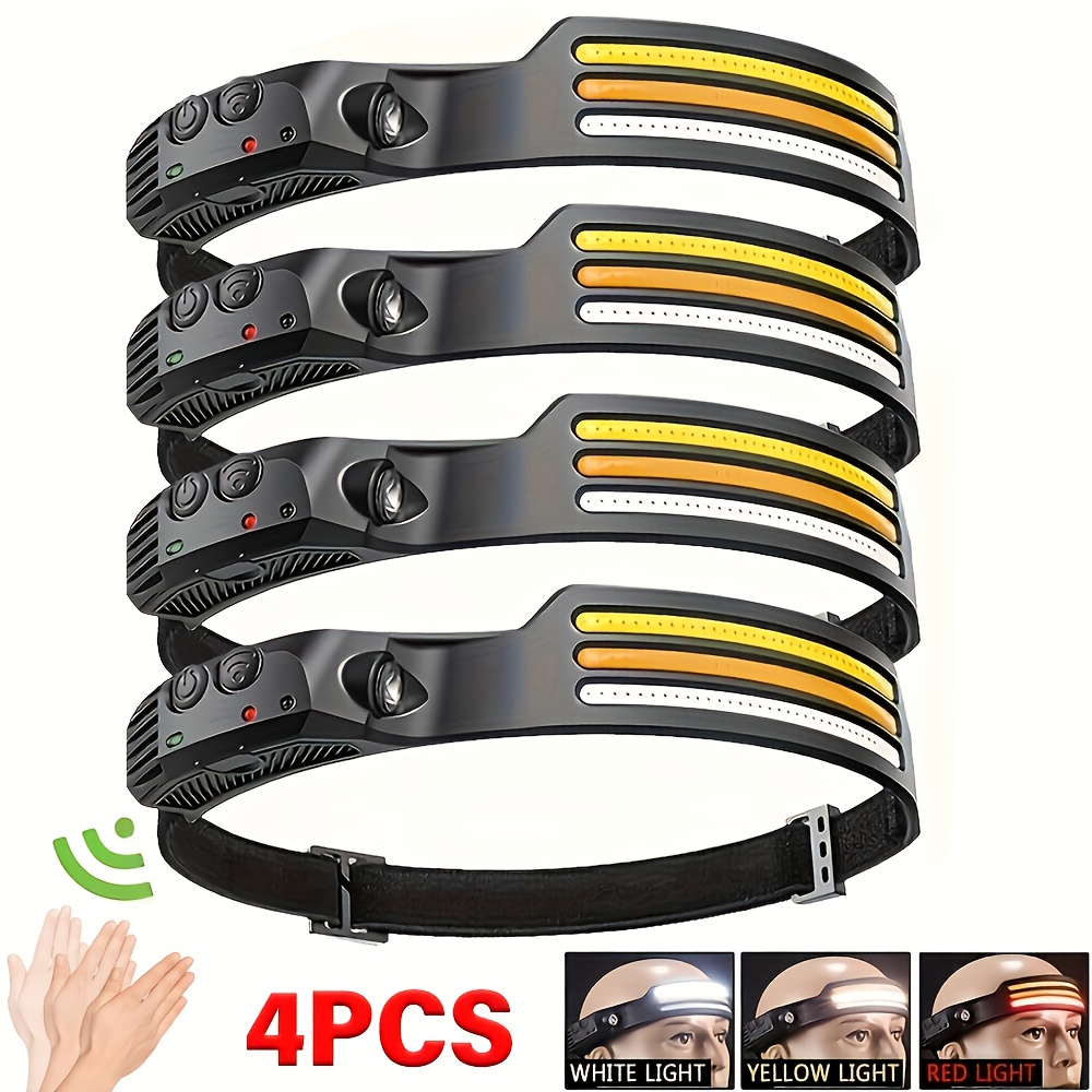 TEMU 4pcs Rechargeable Cob Motion Sensor Outdoor Headlamp, Led Flashlight With Wide , Built-in Battery, Usb Charging Headlamp, 5 Lighting Modes,