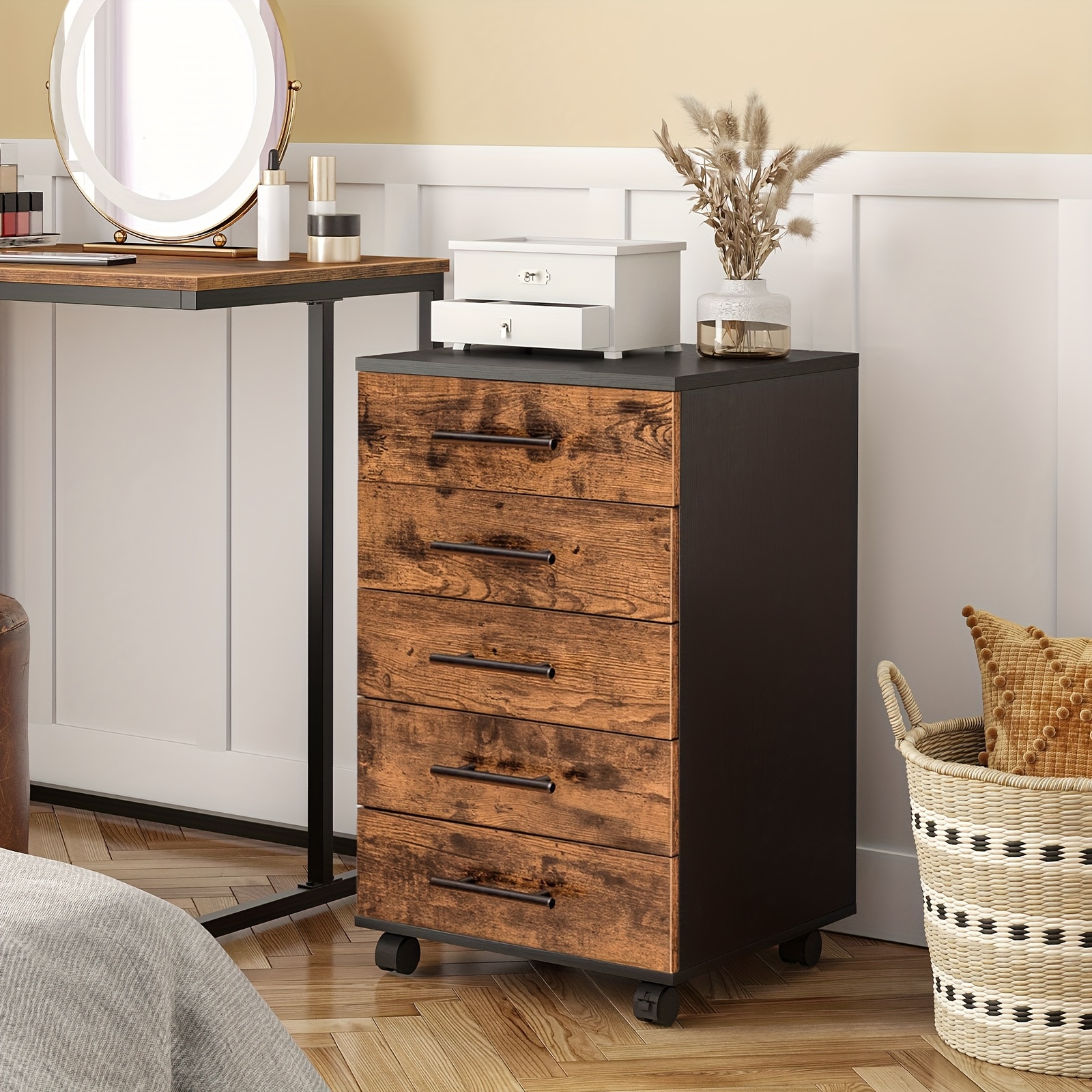 Image of File Cabinet, Rolling Container With 5 Drawers, Wooden Office Cabinet, Drawer Storage Cabinet, Industrial Style Simple Installation Rustic, Dark Brown And Black And Tidy Storage