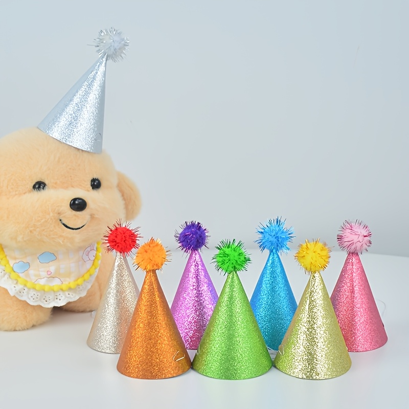 TEMU 8pcs Glitter Party Hats With Pom-poms, Small Hats, Dog Birthday Caps, Pet Photo Props, Colorful Glitter Pointed Hats For Puppy Cat Holiday