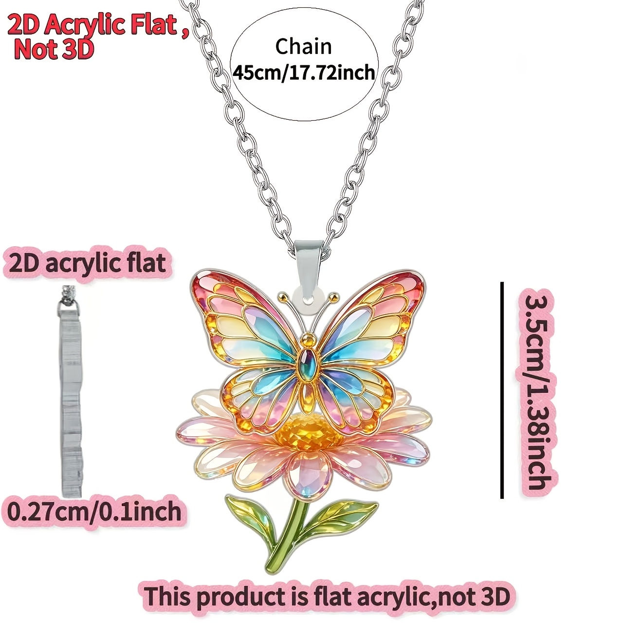 Flower & Butterfly Pattern Acrylic Necklace, Unique Design