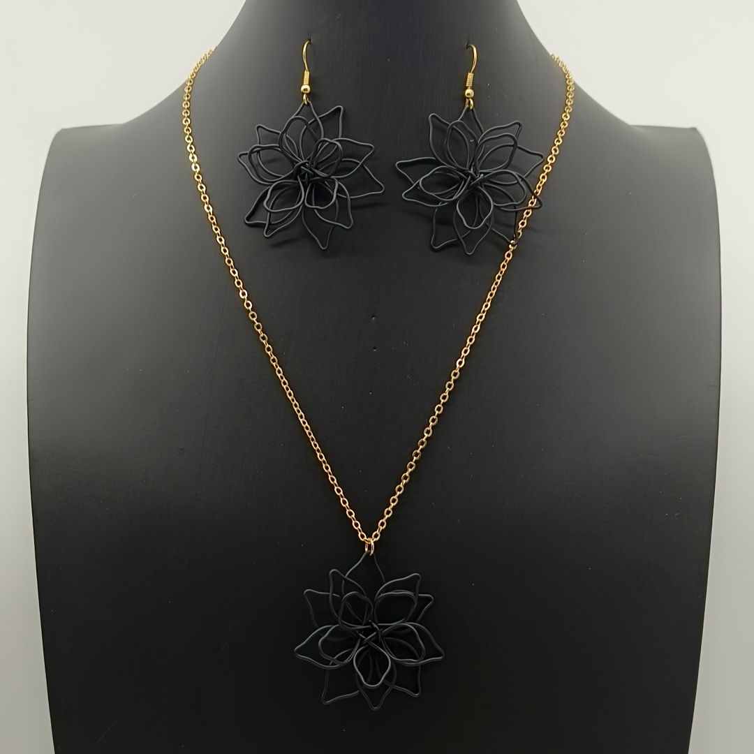 TEMU 2pcs Candy Color Double Layer Hollow Flower Exaggerated Big Flower Necklace + Earrings Jewelry Set, Fashion Simple And Versatile Retro Trendy